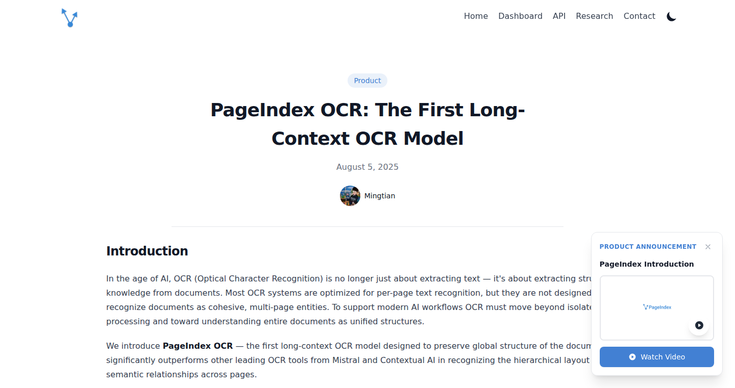 PageIndex OCR: Long-Context OCR for Enhanced Text Extraction