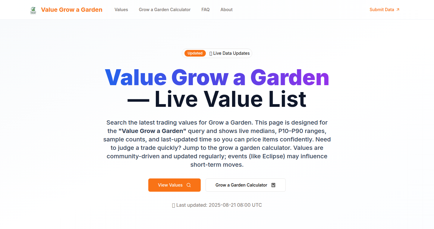 ValueGrowAGarden: Roblox「Grow a Garden」向けリアルタイム取引価値分析ツール