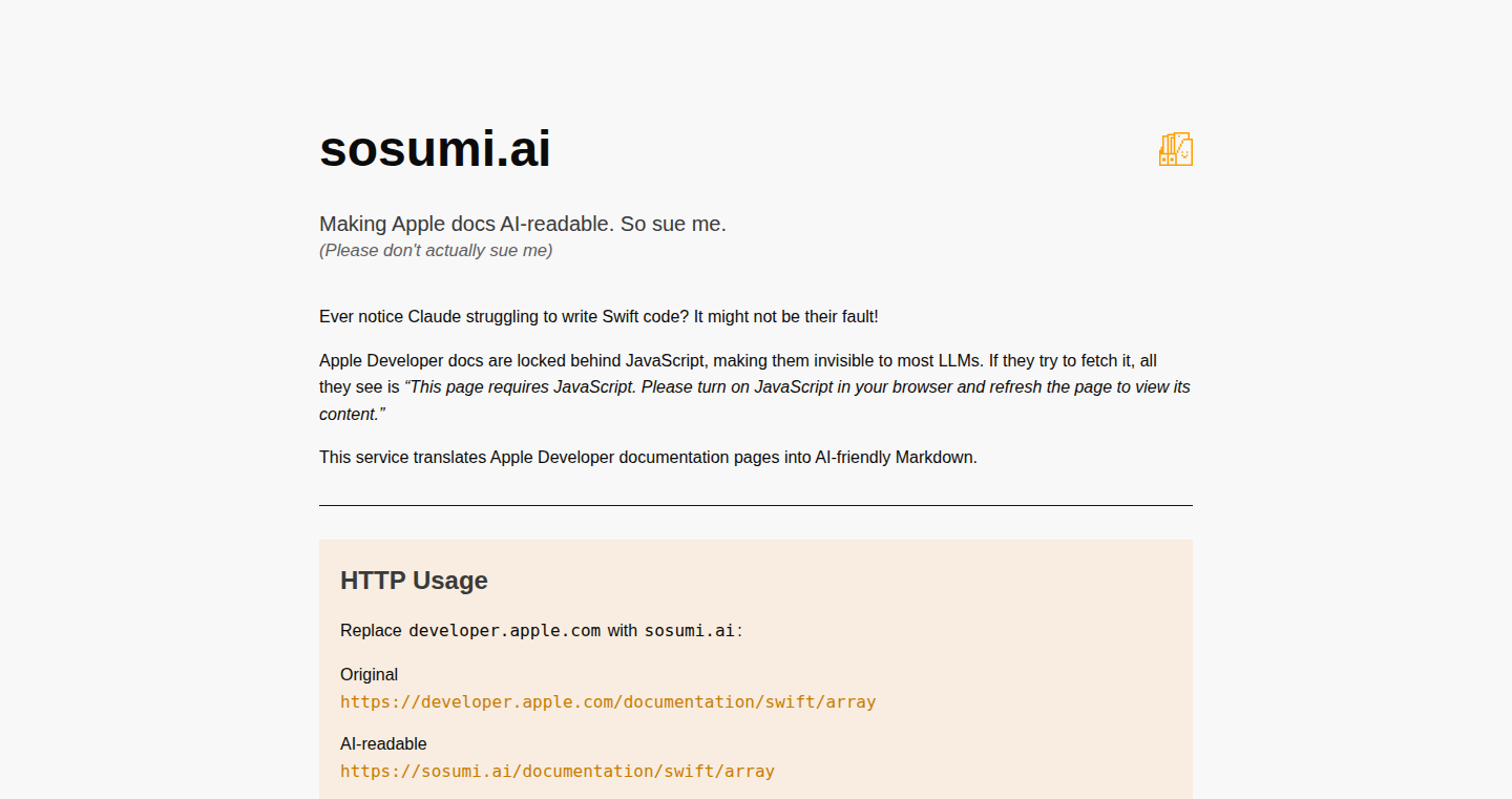 Sosumi.ai: 将Apple开发者文档转换为AI友好的Markdown格式