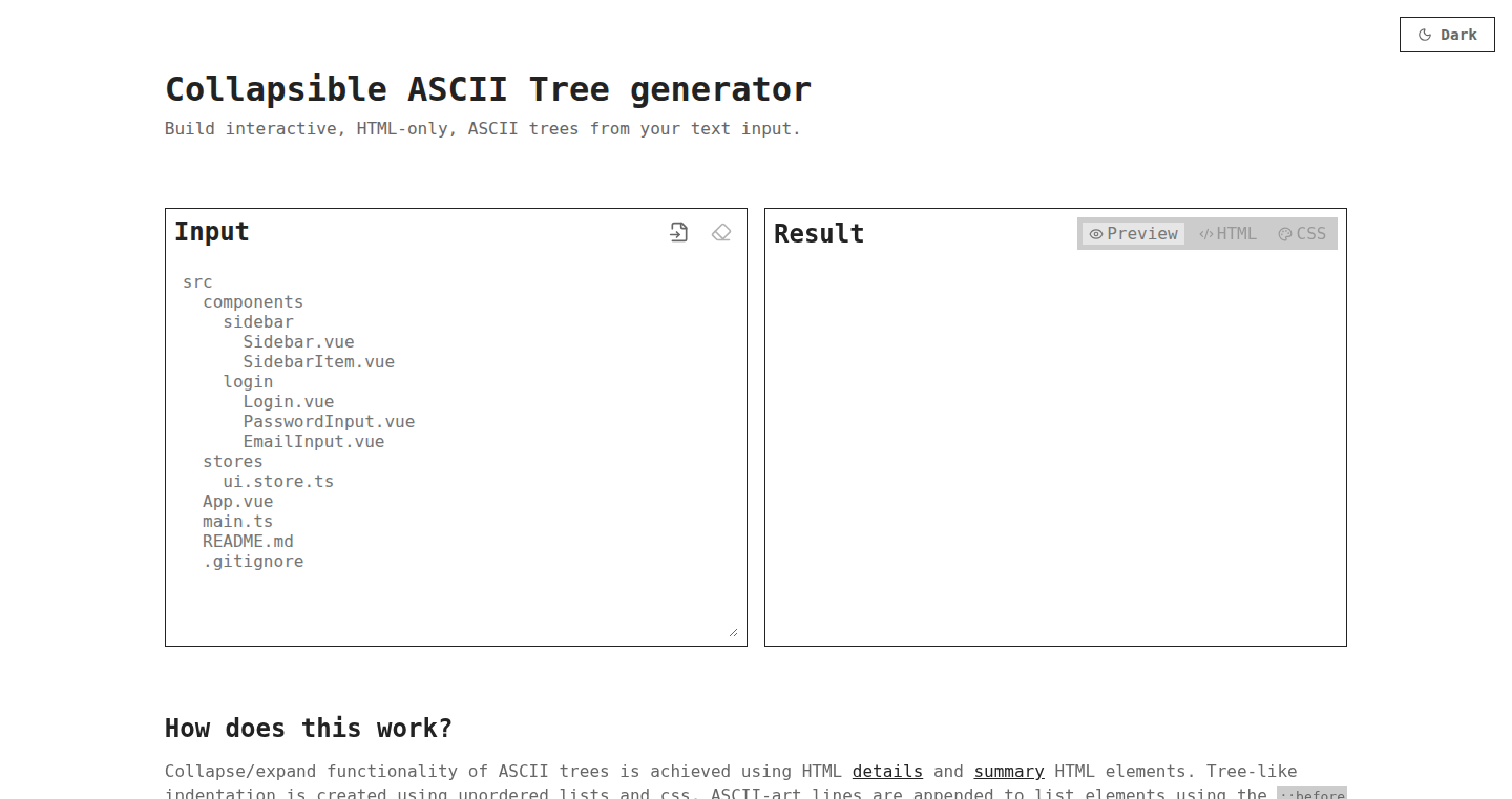 インデントテキストから生成するインタラクティブASCIIツリージェネレーター