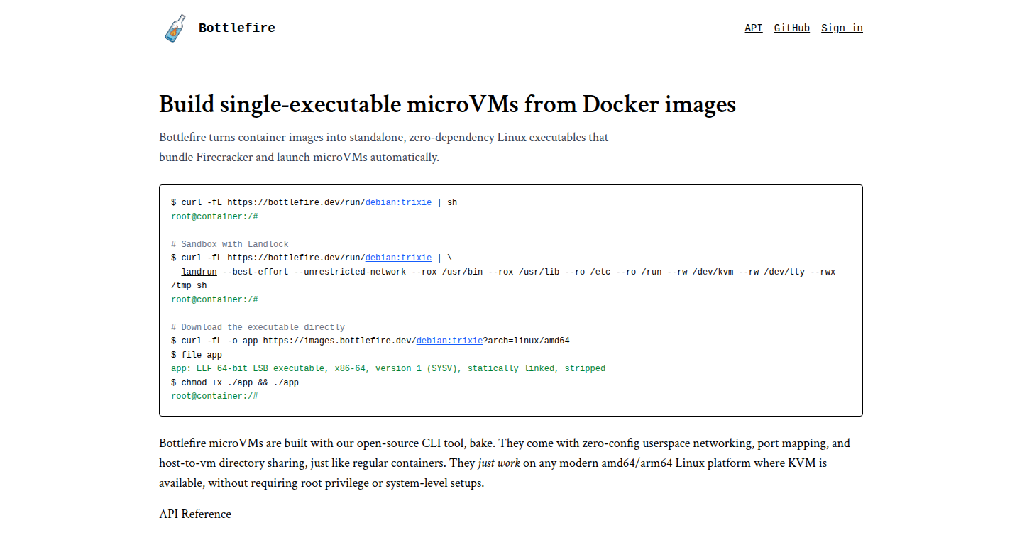 Bottlefire: Dockerイメージから単一実行ファイルマイクロVMを構築