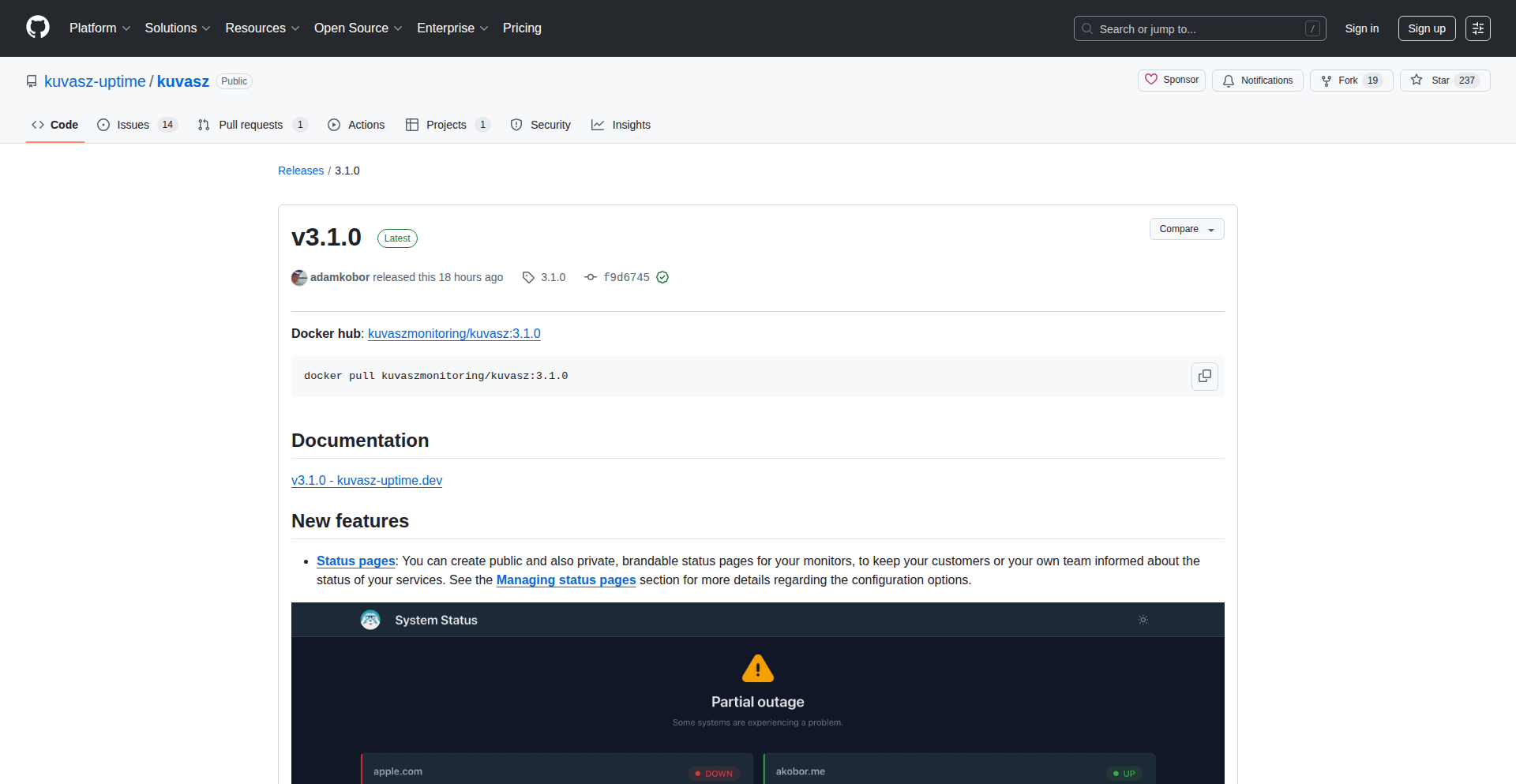 Kuvasz Uptime 3.1.0: ステータスページ統合型可用性監視