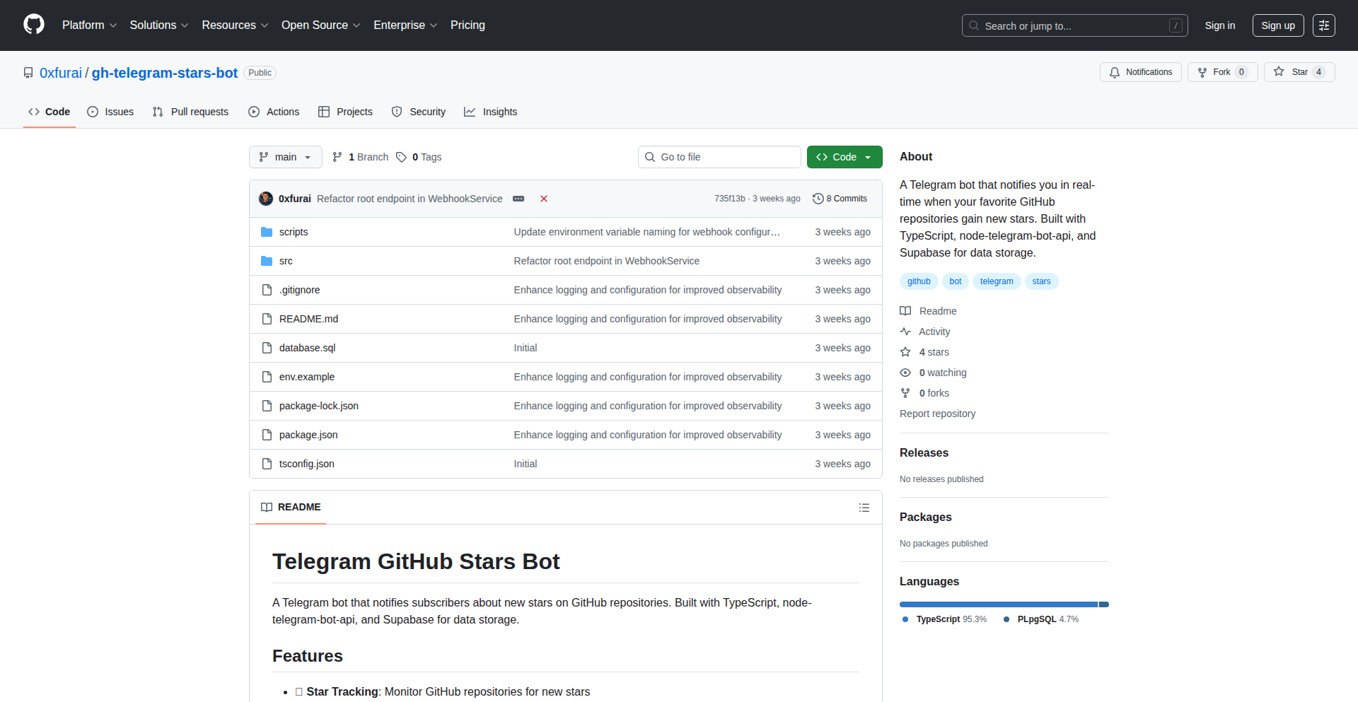 GitHubスター通知ボット：リアルタイムGitHubスター通知Telegramボット