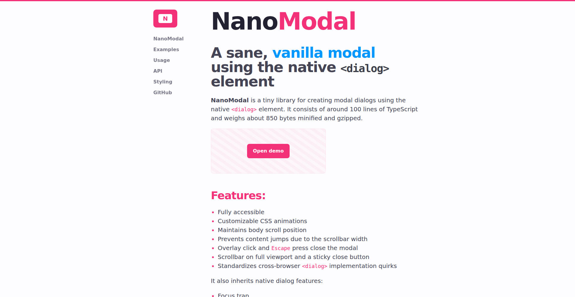 NanoModal:Dialog要素の軽量ラッパー