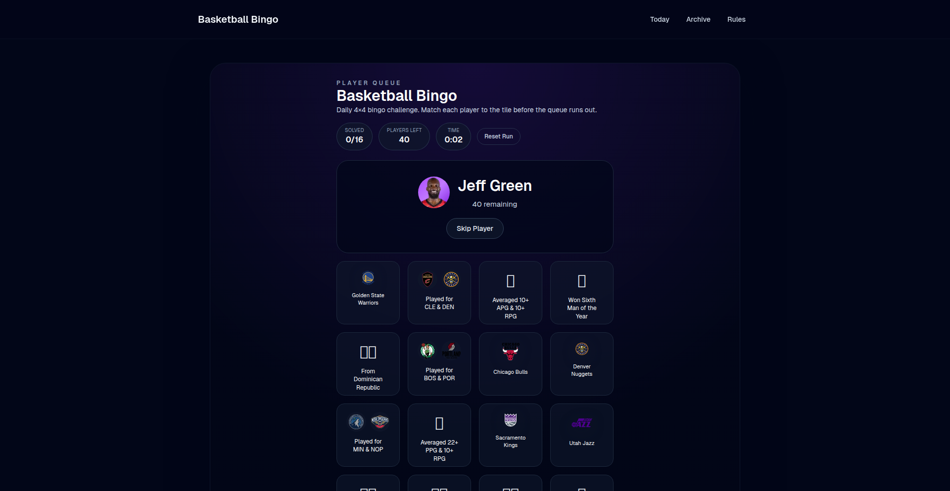 BrowserNBA Bingo Grid