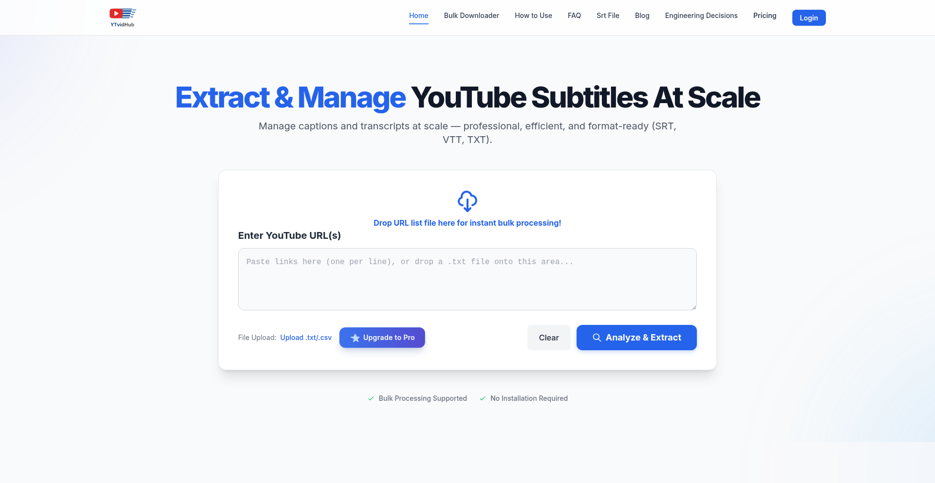 YTVidHub: 海量YouTube字幕批量提取器
