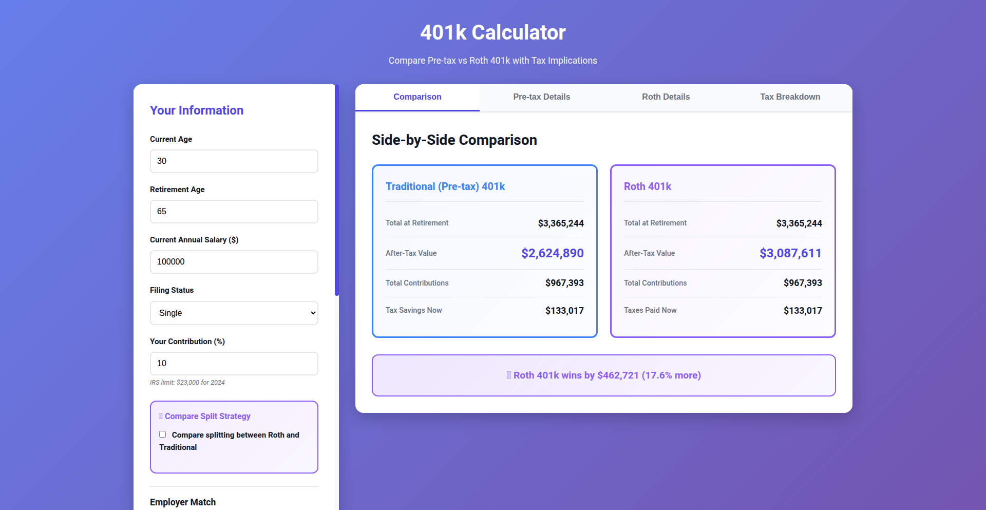 RothWise 401k 投资增长模拟器