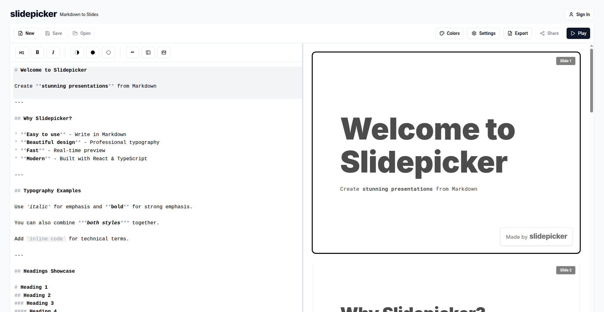 Markdown スライドメーカー Slidepicker