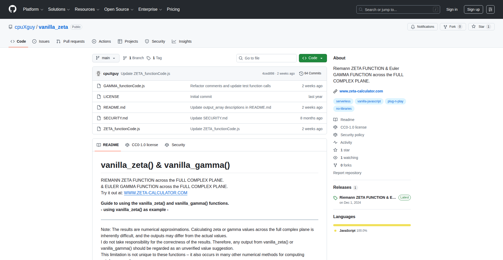 ZetaJS: 零依赖的复数泽塔与伽马函数计算器