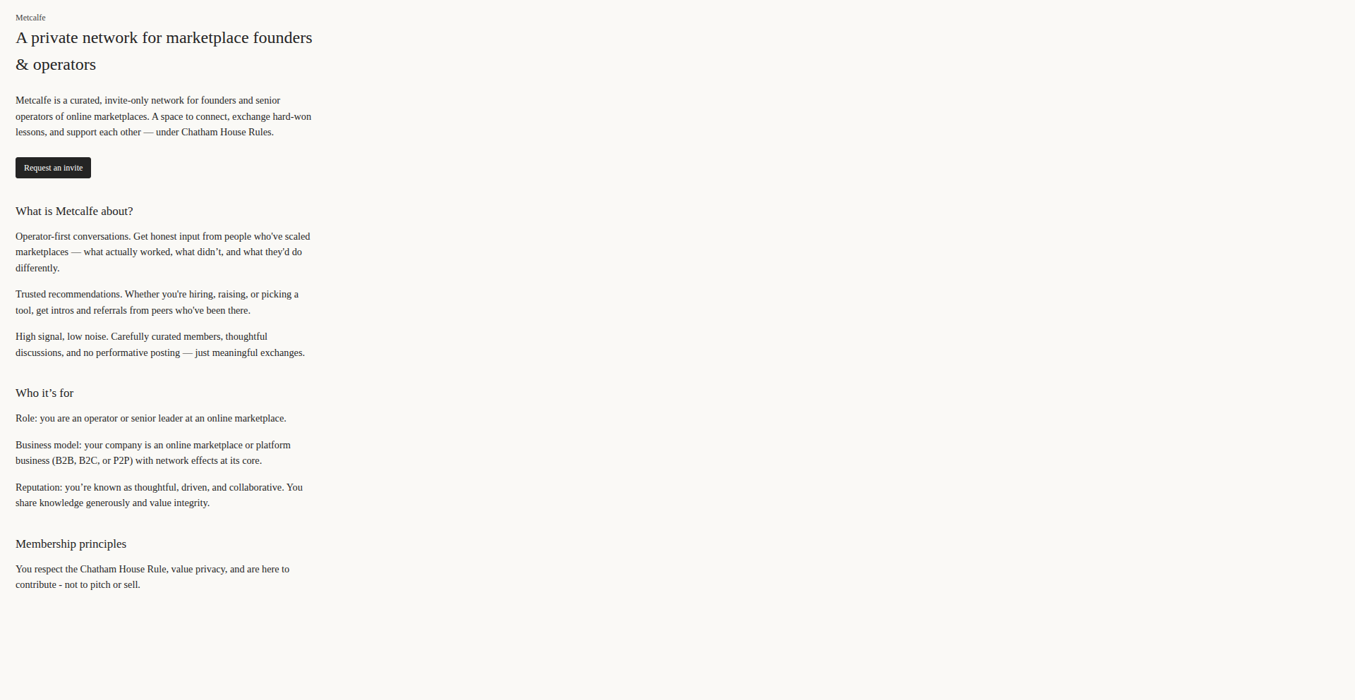 Metcalfe: マーケットプレイス運営者向け招待制コミュニティ