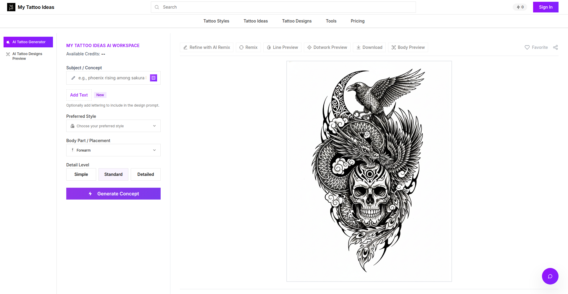 AIタトゥーデザインスタジオ：ボディプレイスメントプレビュー付き