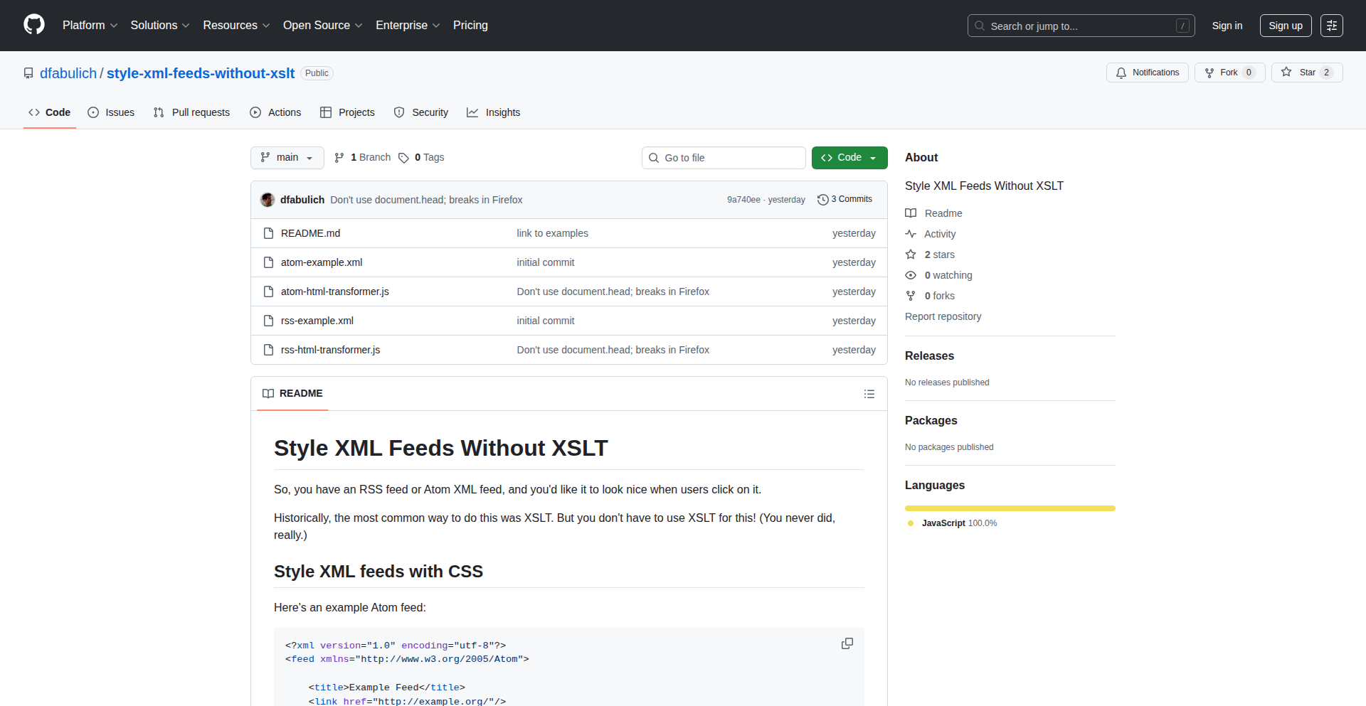 无XSLT样式XML订阅源渲染器