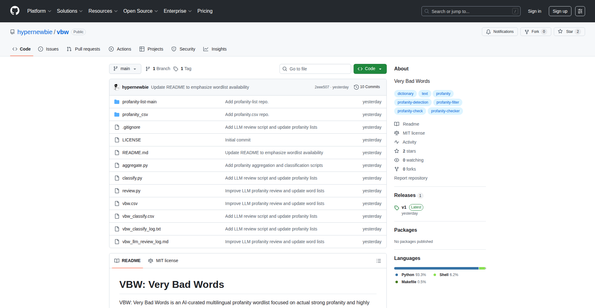 VBW:智能甄选脏话列表