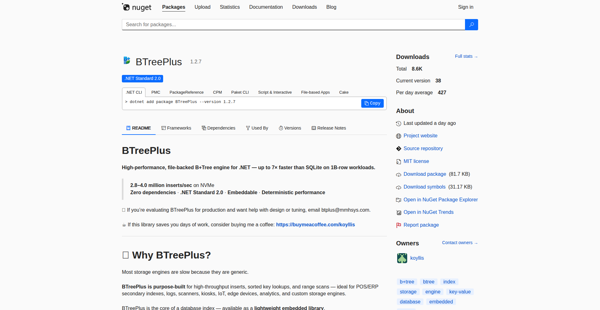 BTreePlus: Cache-Optimized .NET B+Tree Engine