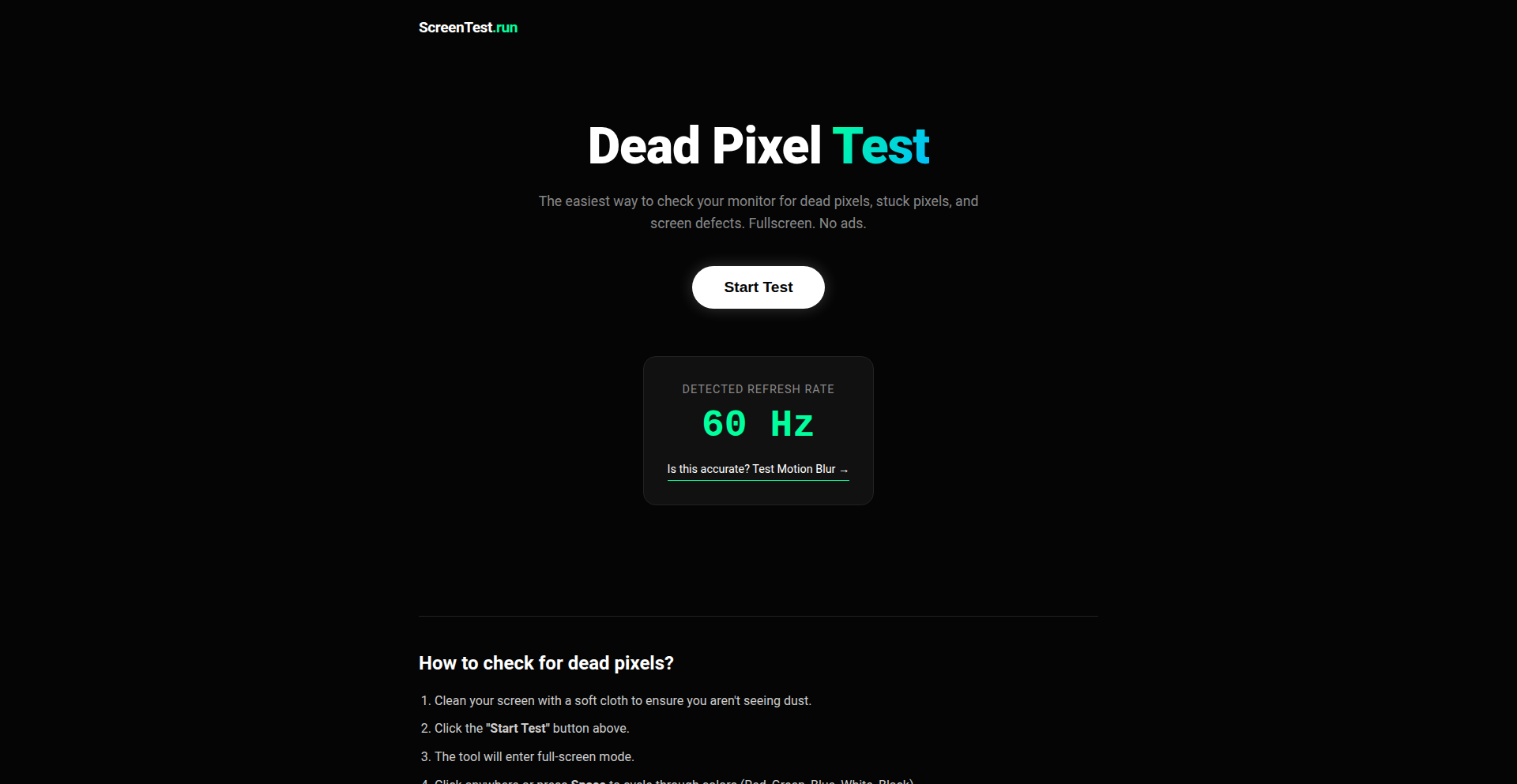Pixelsense.run 极简暗黑屏测仪