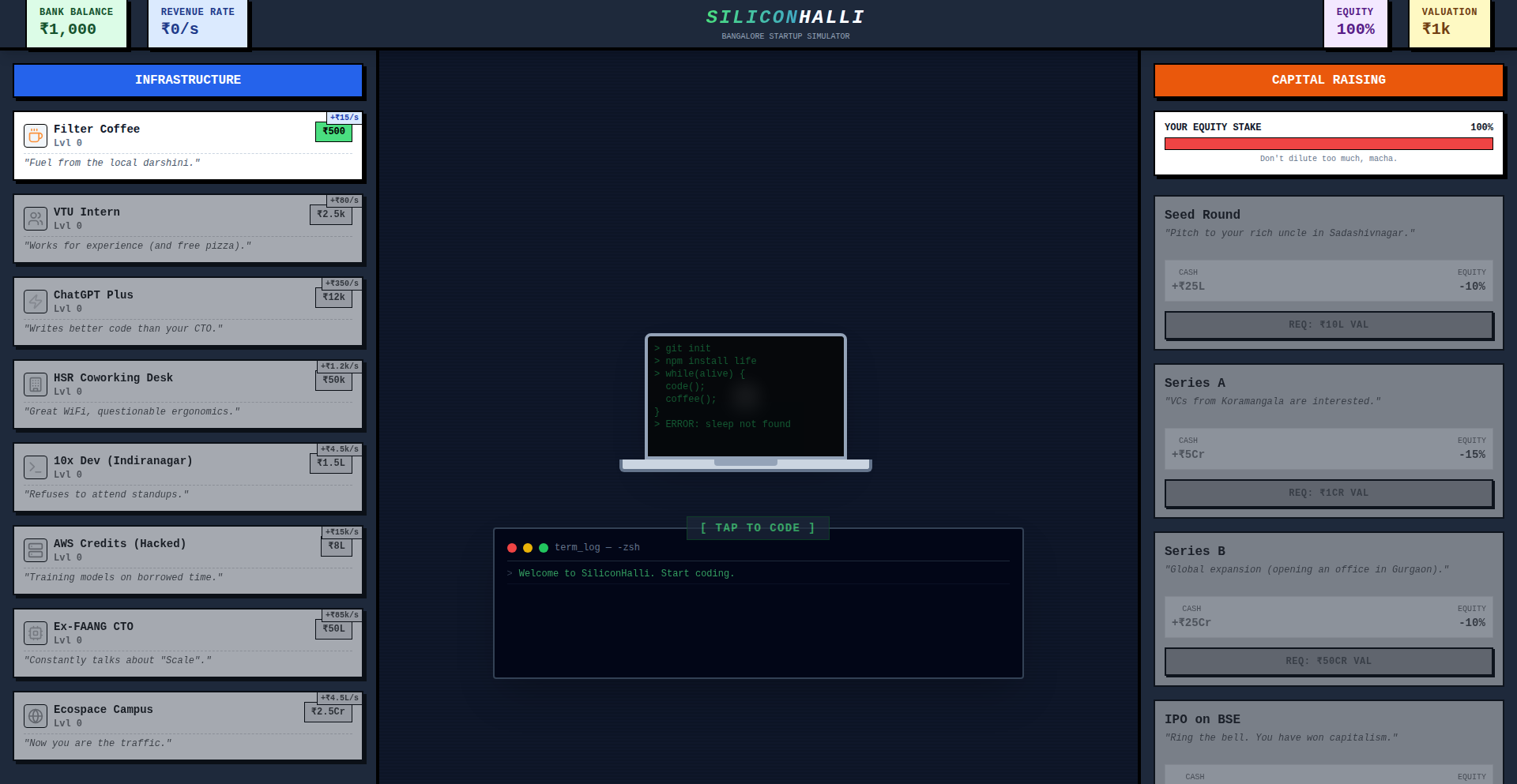 Bangalore Startup Life Simulator