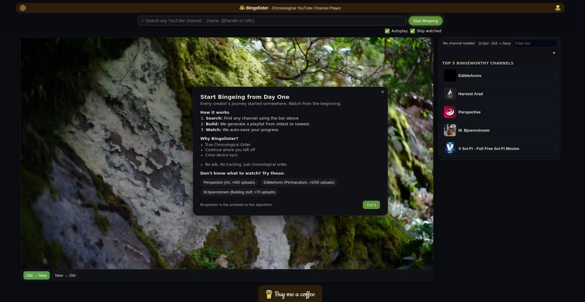 Bingelister: 视频频道编年史播放器