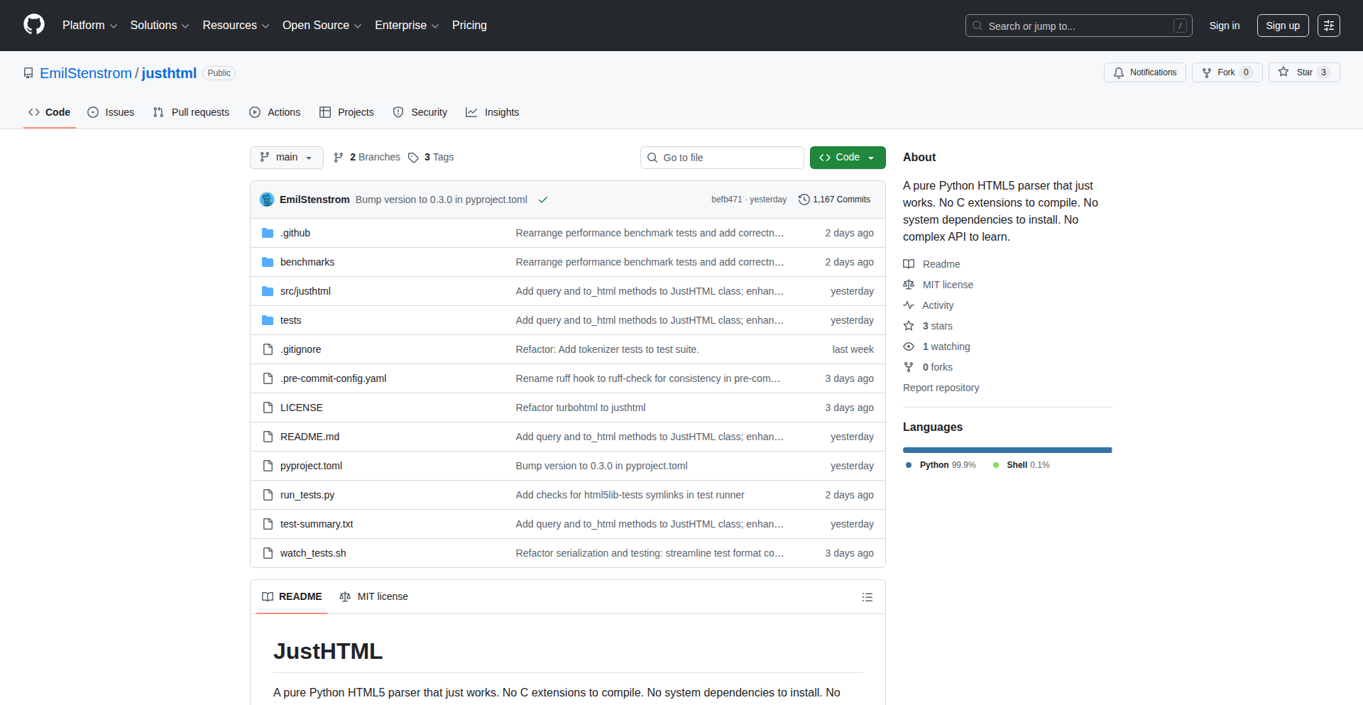 JustHTML: Python HTML5 智能解析器