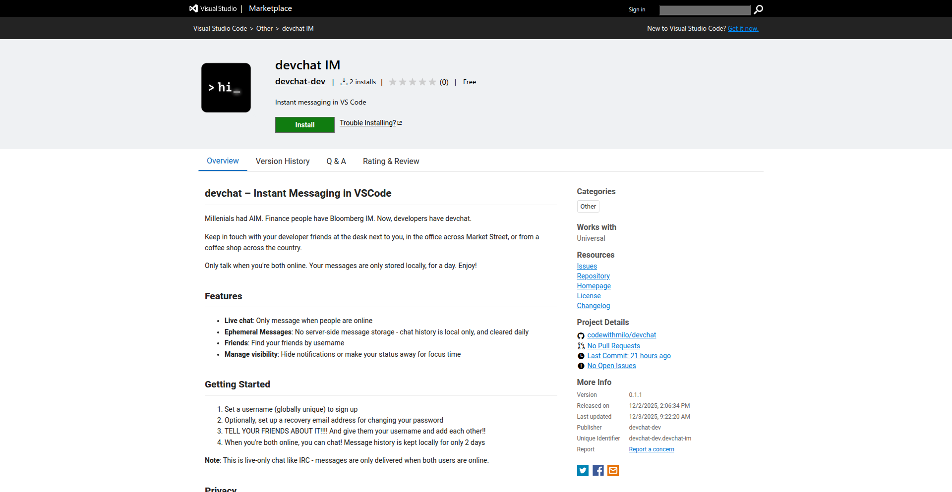 VSChat: 沉浸式编码即时通讯
