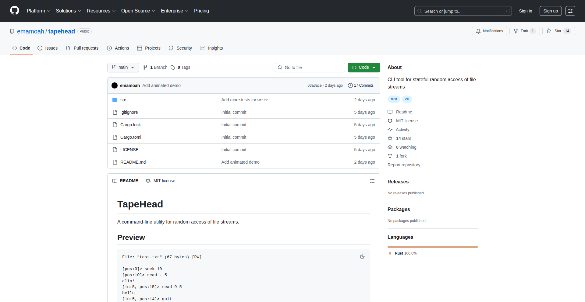 TapeHead: Stateful File Stream Random Access CLI