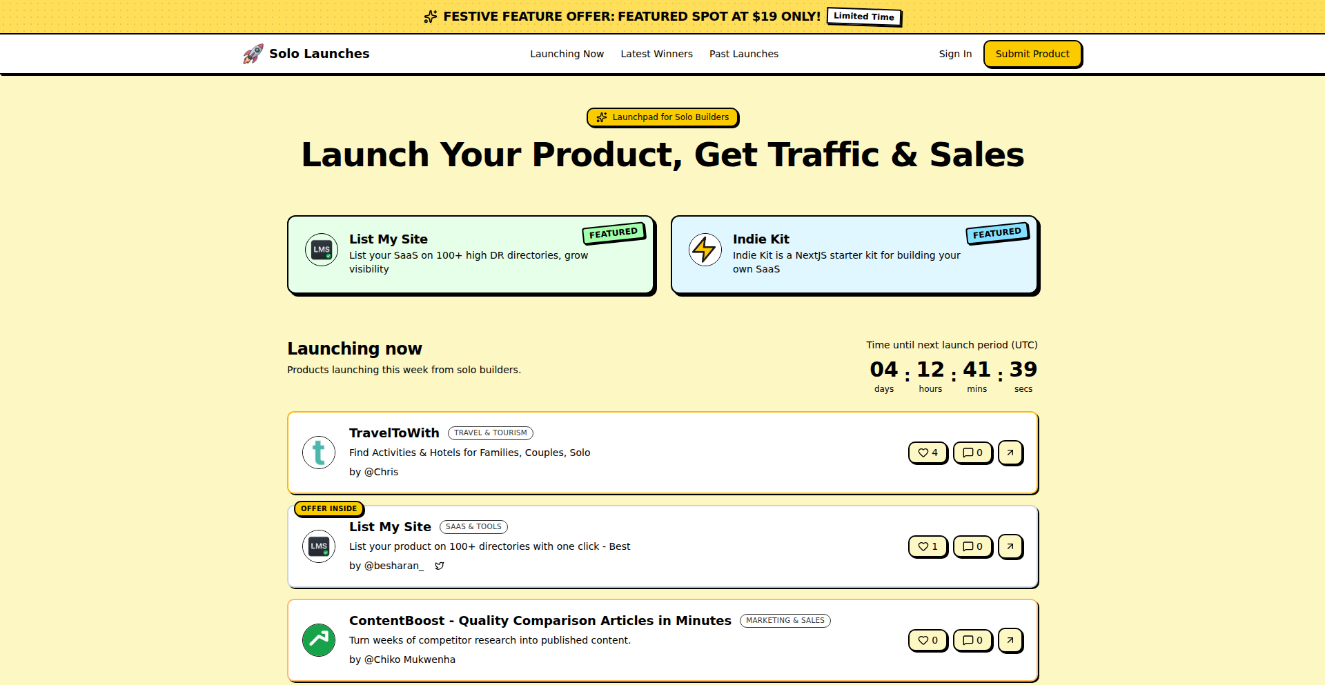 SoloLaunchr - 独立开发者周播发布台
