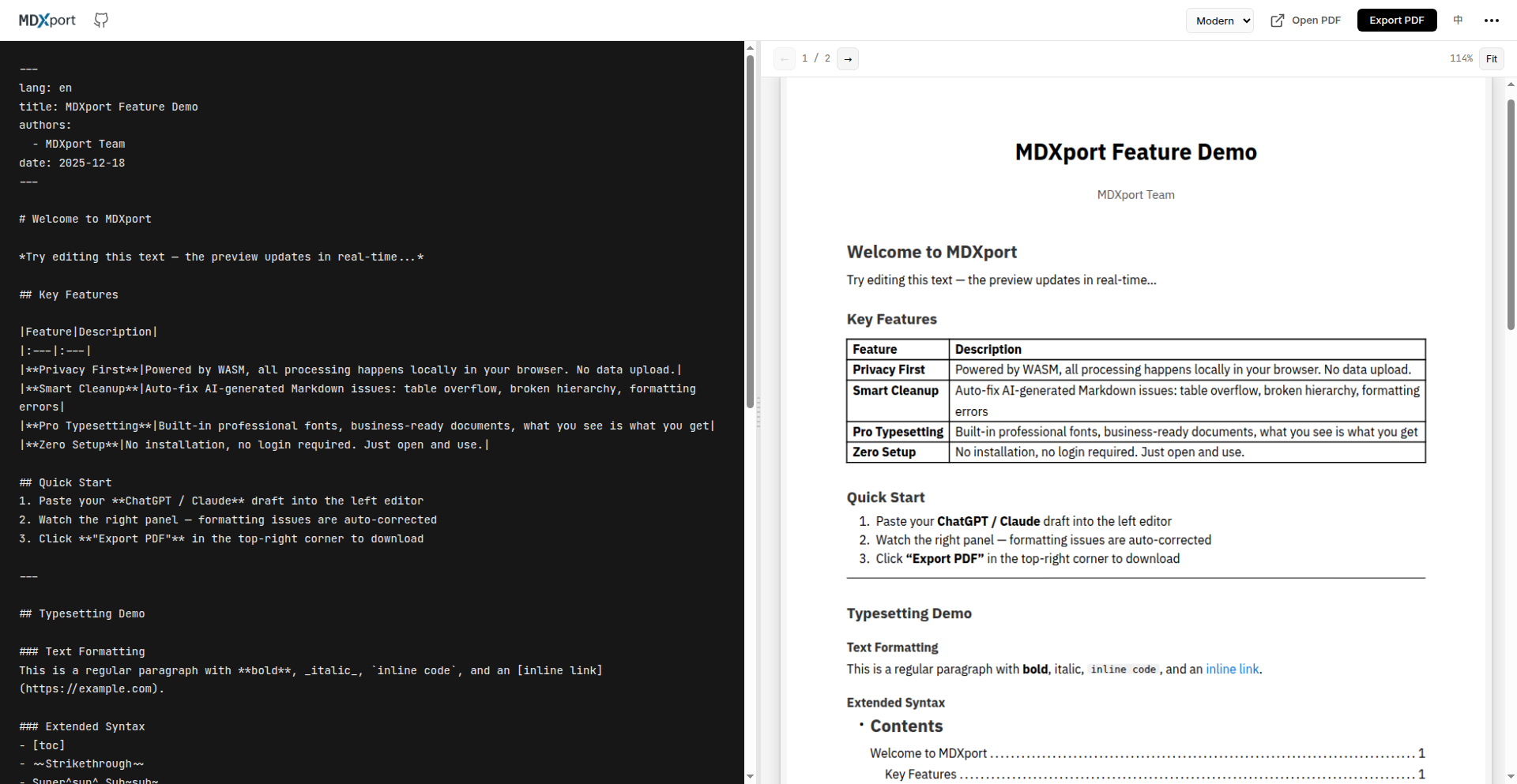 MDXport: 客户端Markdown转PDF神器