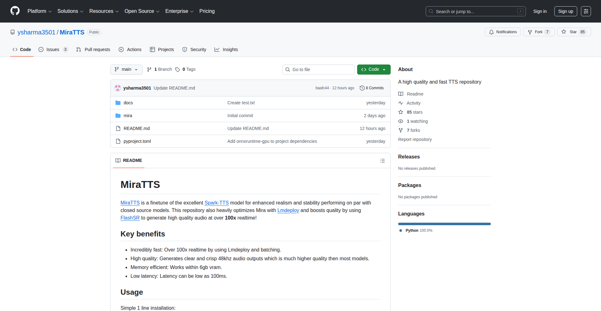 MiraTTS：超高速48kHz本地语音合成引擎
